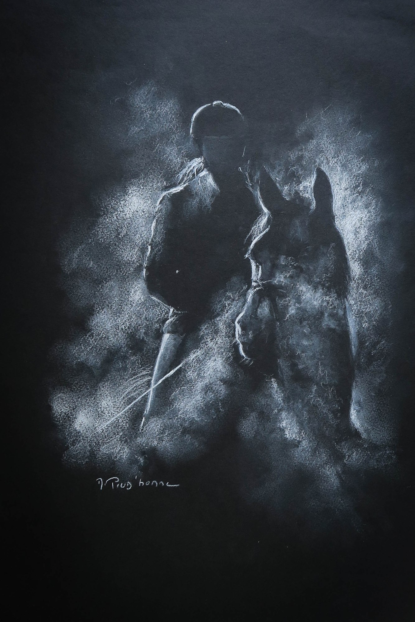 Cavalier et son cheval — craie sur papier noir