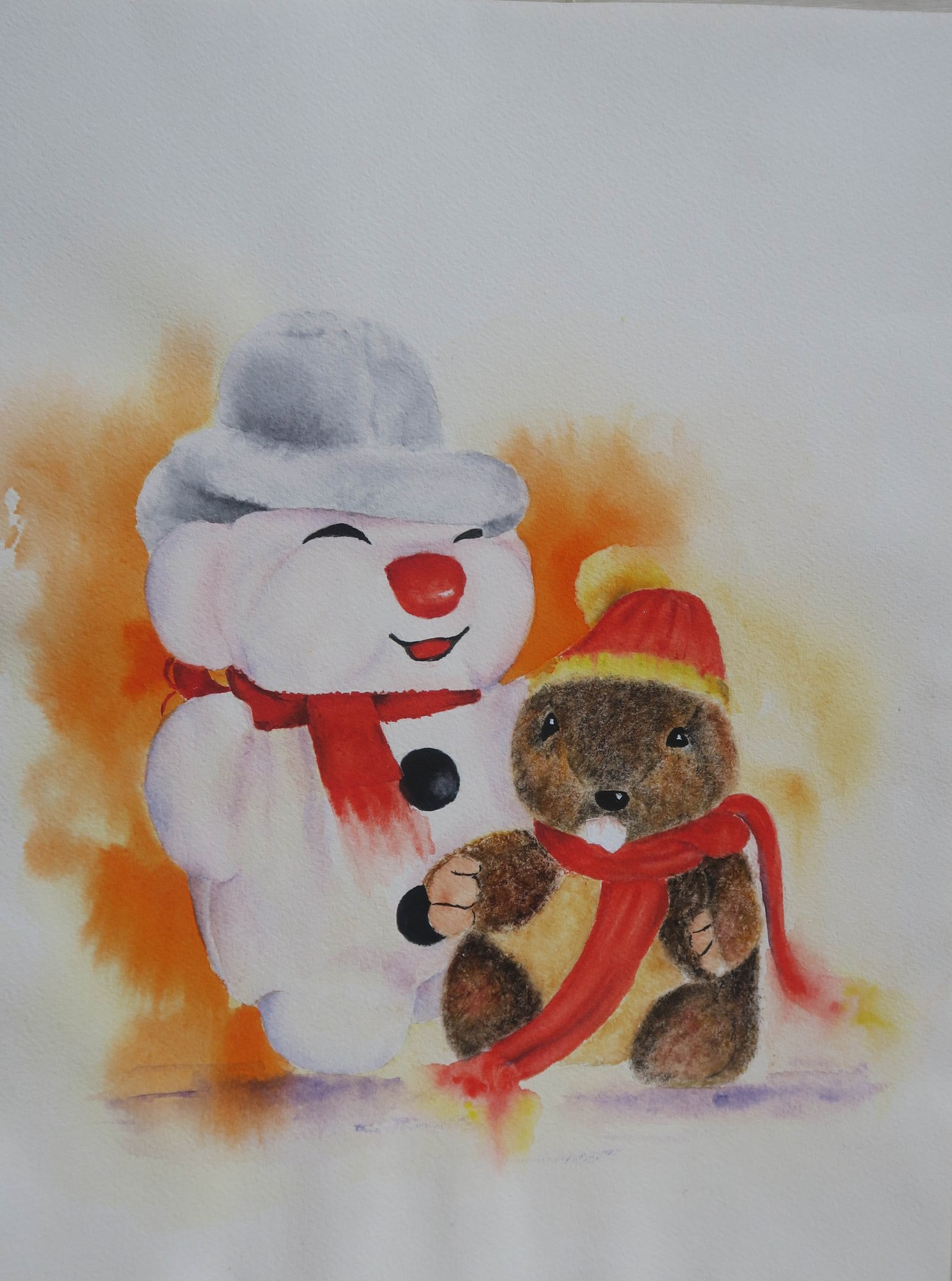 Compagnons d'hiver, bonhomme de neige et peluche — aquarelle