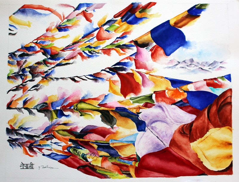 Drapeaux de prières flottant devant l'Himalaya — aquarelle