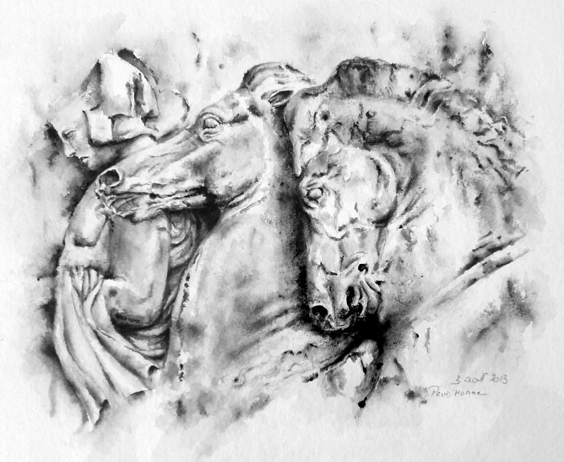 Frise du Parthénon, personnage et chevaux — lavis