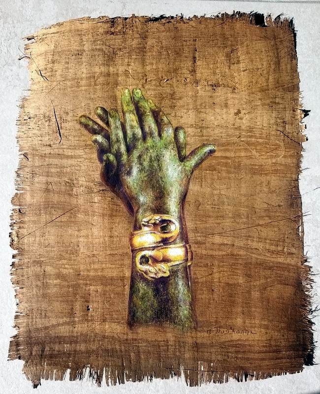 Mains de bronze aux bracelets dorés — peinture sur papyrus