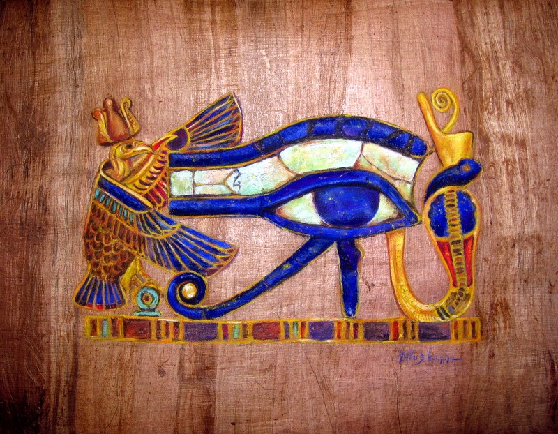 Œil d'Horus, faucon et cobra — peinture sur papyrus