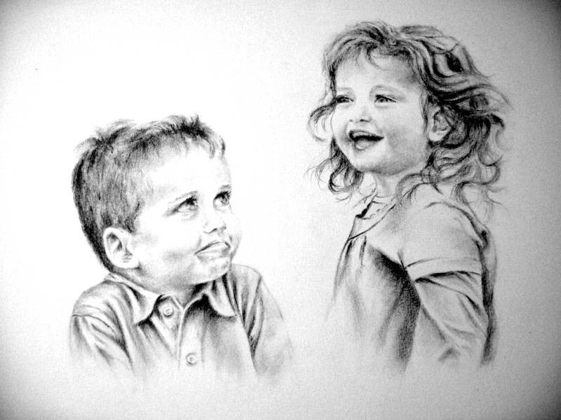 Portrait de deux enfants — fusain