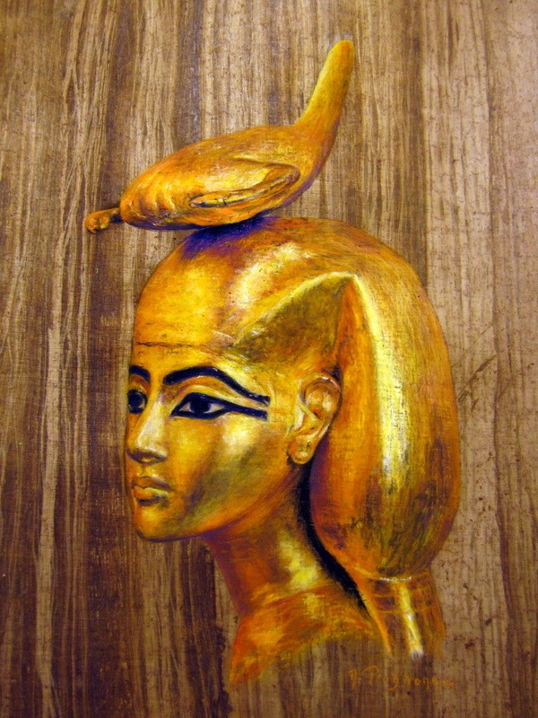 Profil égyptien doré coiffé d'un oiseau — peinture sur papyrus