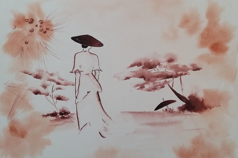 Silhouette de femme au chapeau, de dos — lavis sépia