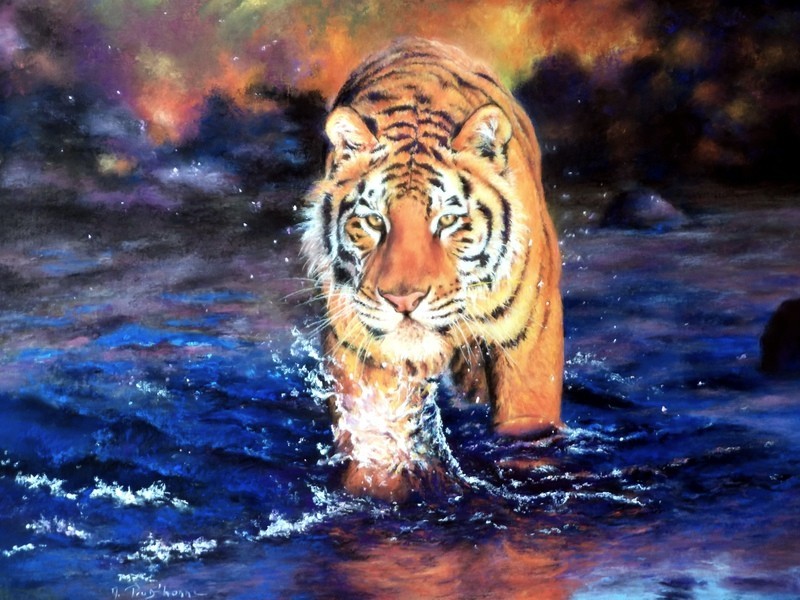 Tigre traversant l'eau au crépuscule — pastel